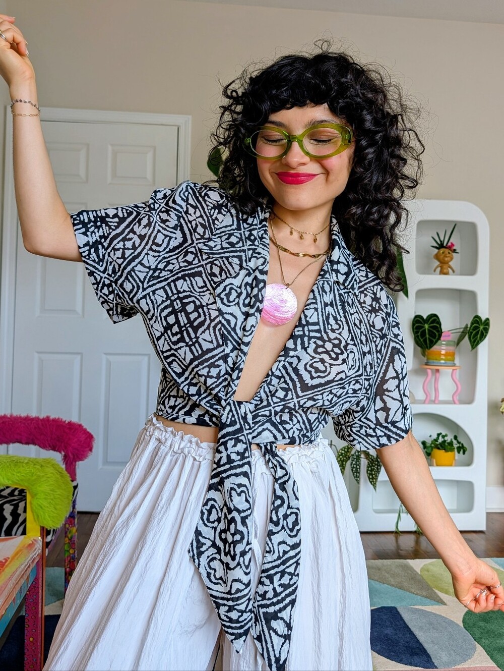 Vintage Black & white geometric Wrap Top
